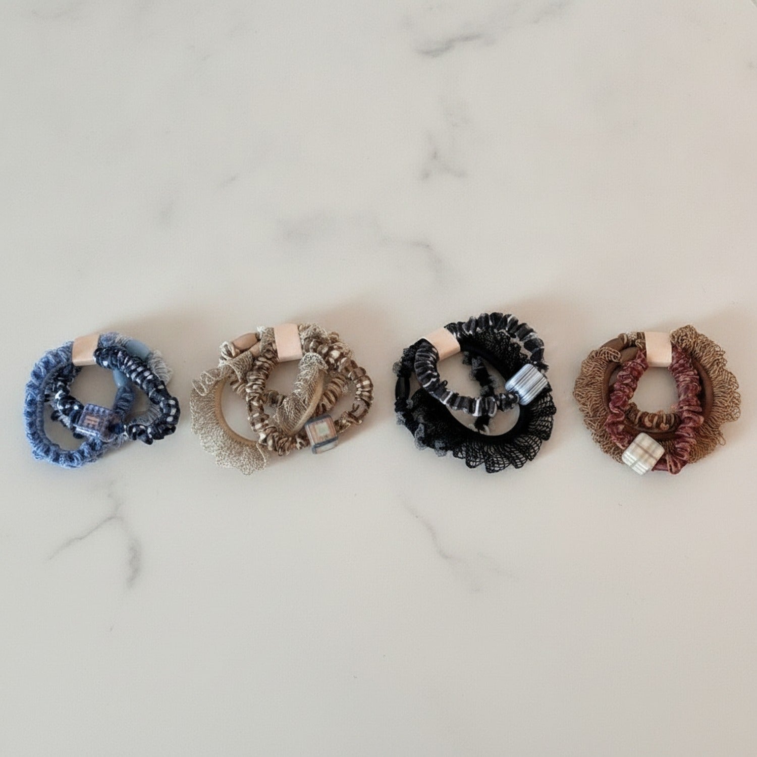 Blue & Black Textured Scrunchie Set with Ruched Detail