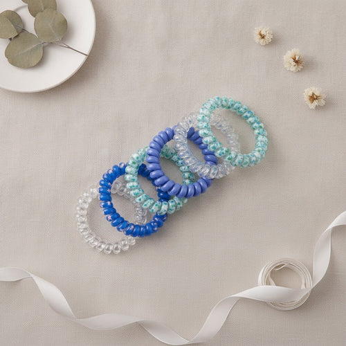 Beaded Spiral Hair Ties Blue Glitter Set