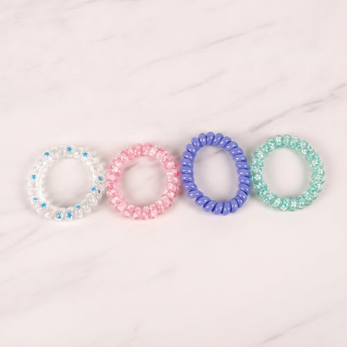 Beaded Spiral Hair Ties Blue Glitter Set