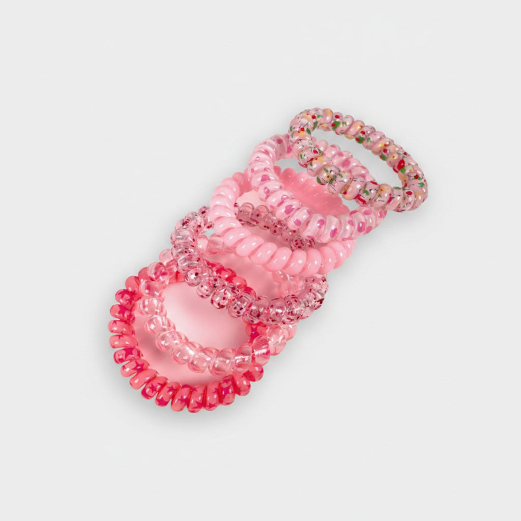 Beaded Spiral Hair Ties Rhinestone Pink Set