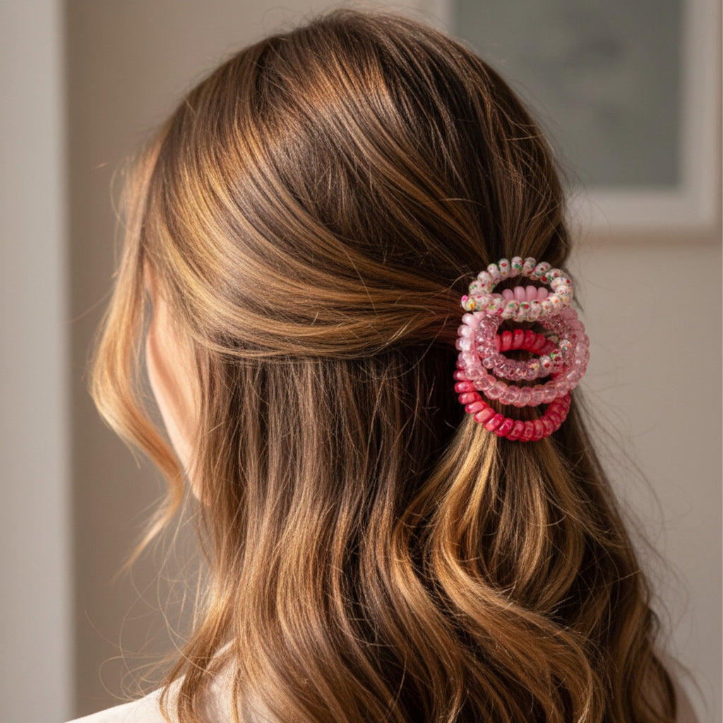 Beaded Spiral Hair Ties Rhinestone Pink Set