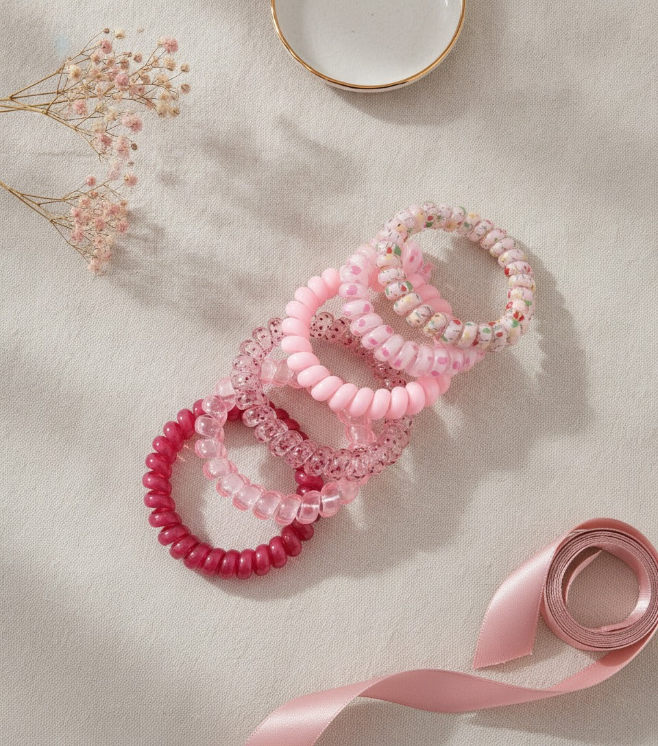 Beaded Spiral Hair Ties Rhinestone Pink Set – hair accessories (view 2)