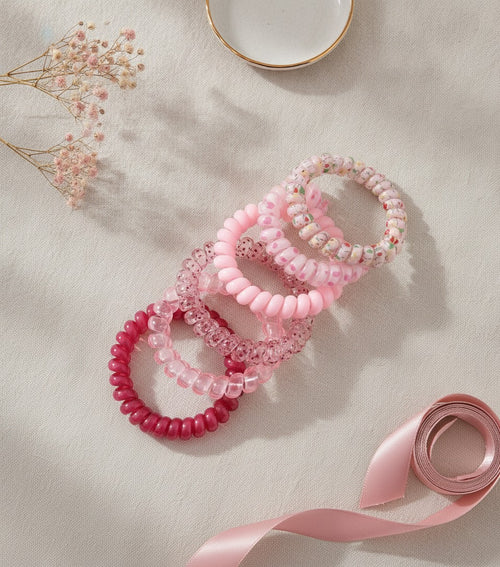 Beaded Spiral Hair Ties Rhinestone Pink Set