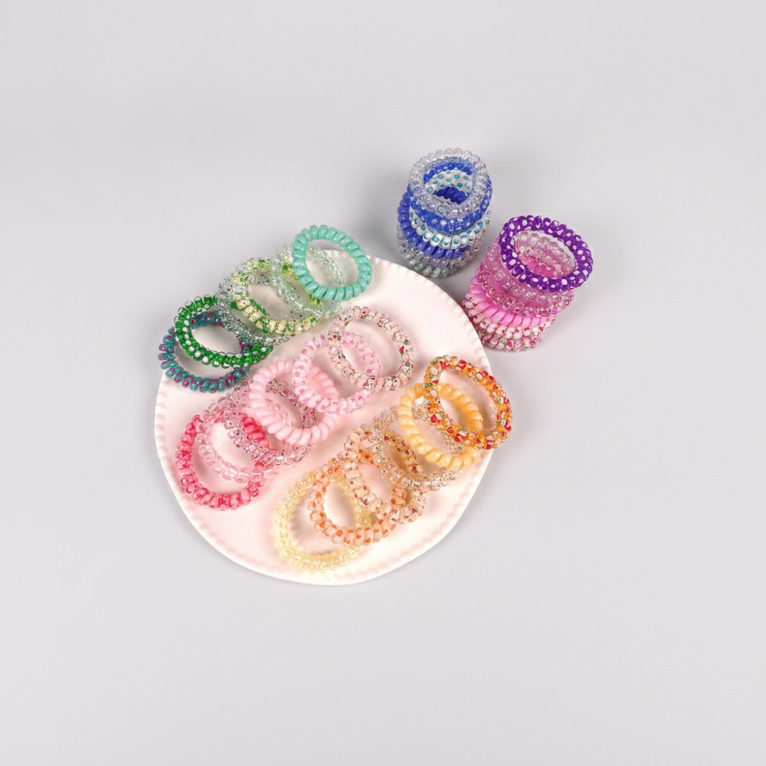 Beaded Spiral Hair Ties Rhinestone Pink Set
