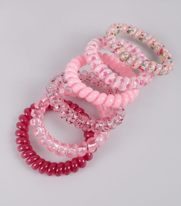 Beaded Spiral Hair Ties Rhinestone Pink Set