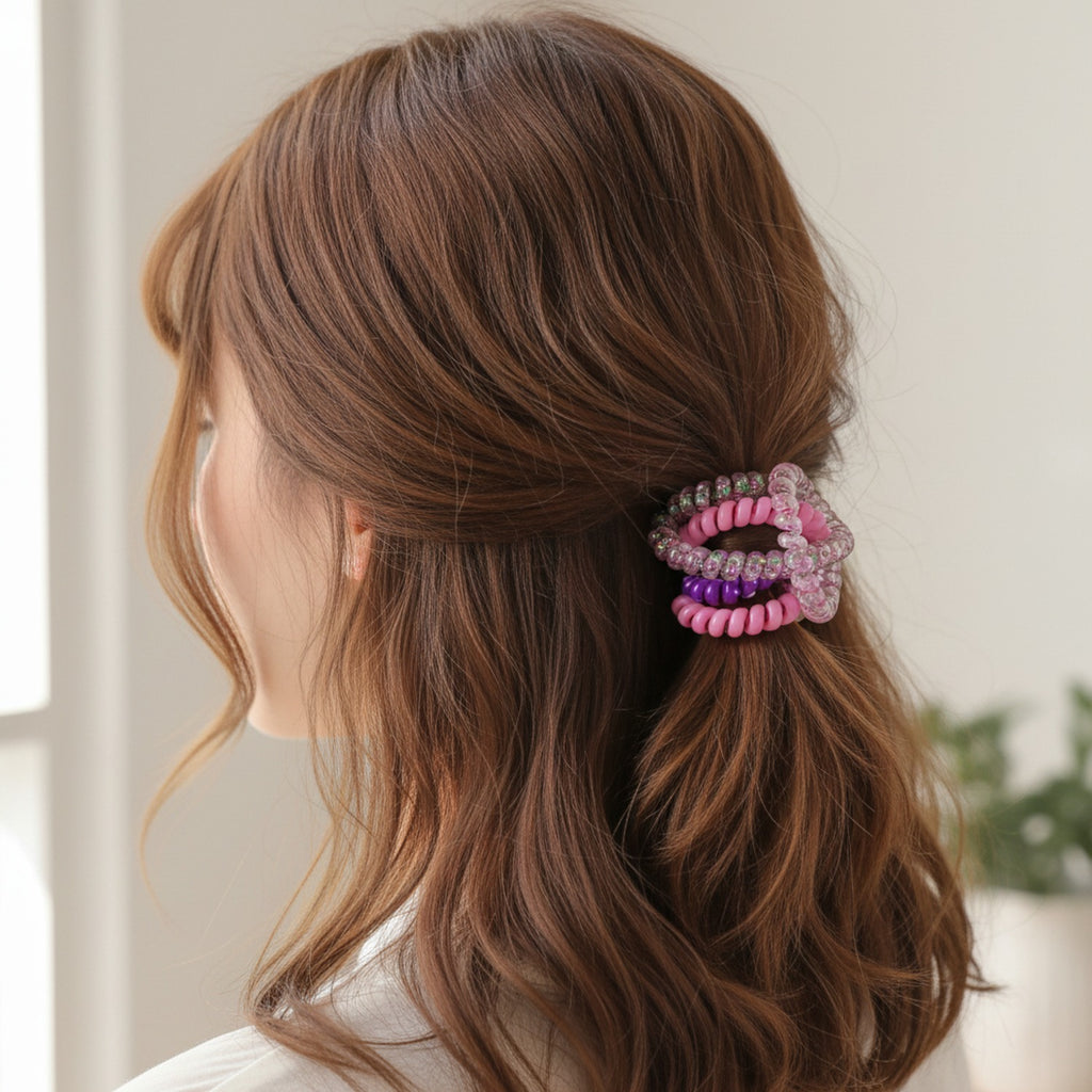 Spiral Hair Ties Rhinestone Beaded Set Purple Pink