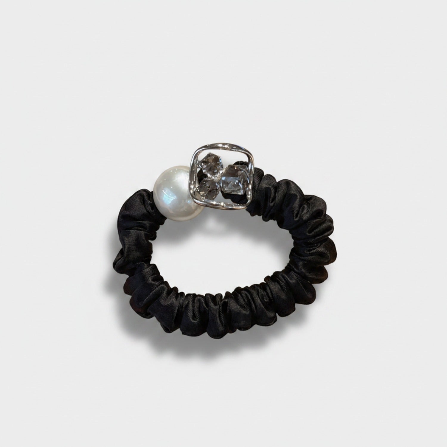 Black Scrunchie With Pearl And Silver Charm