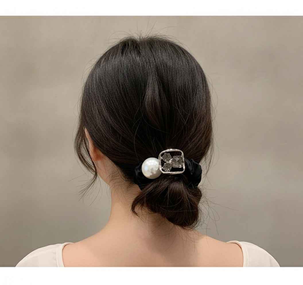 Black Scrunchie With Pearl And Silver Charm – hair accessories (view 2)