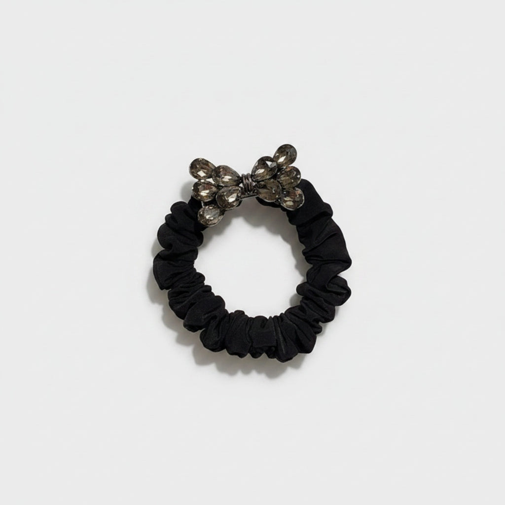 Black Scrunchie With Rhinestone Bow Charm