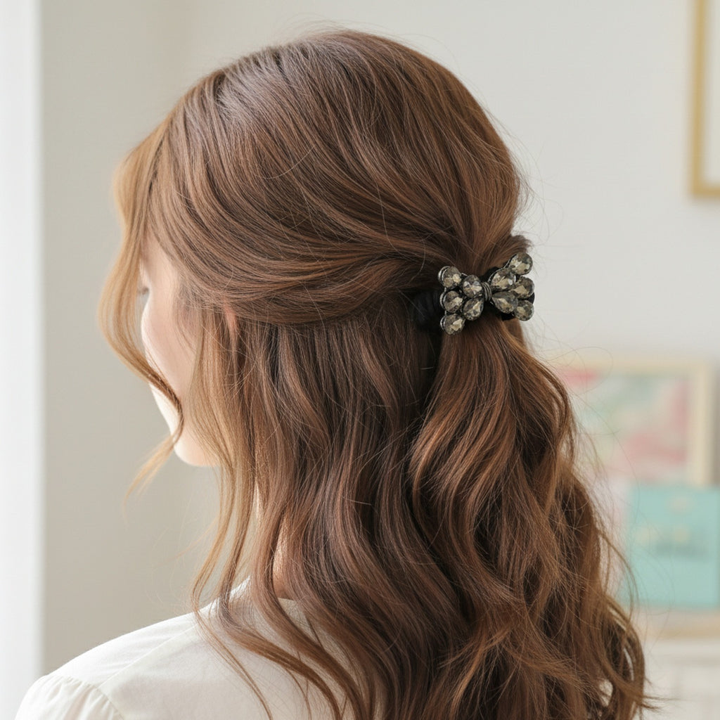 Black Scrunchie With Rhinestone Bow Charm