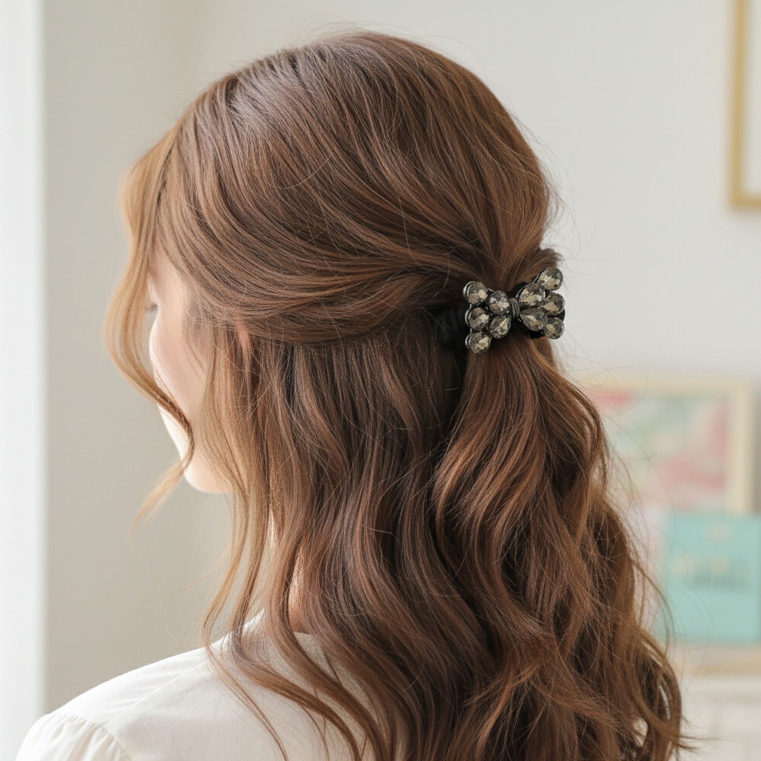 Black Scrunchie With Rhinestone Bow Charm