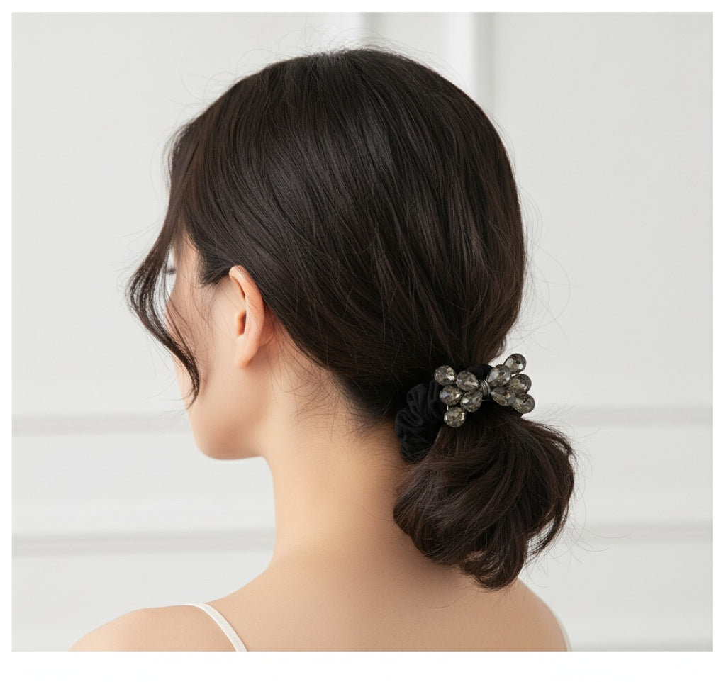 Black Scrunchie With Rhinestone Bow Charm – hair accessories (view 2)