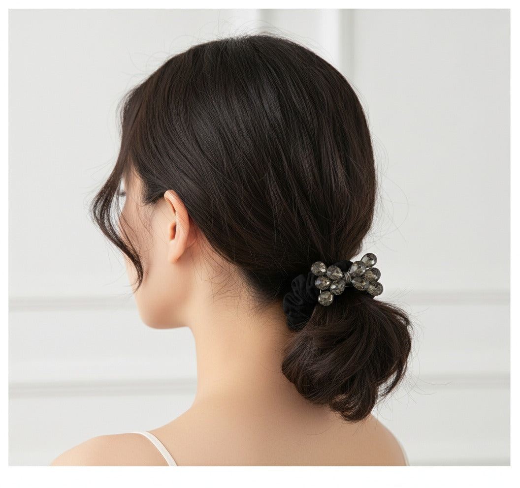 Black Scrunchie With Rhinestone Bow Charm – hair accessories (view 2)
