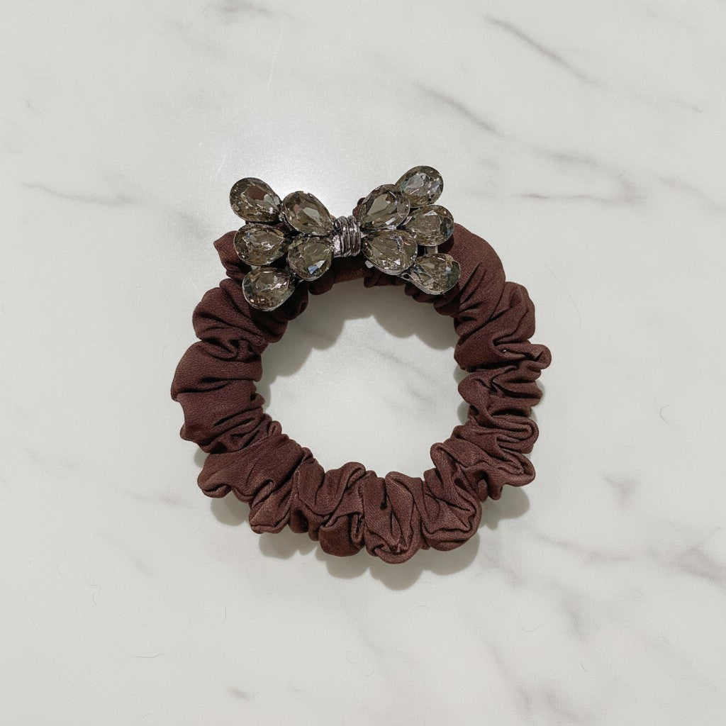 Burgundy Rhinestone Bow Scrunchie Hair Tie
