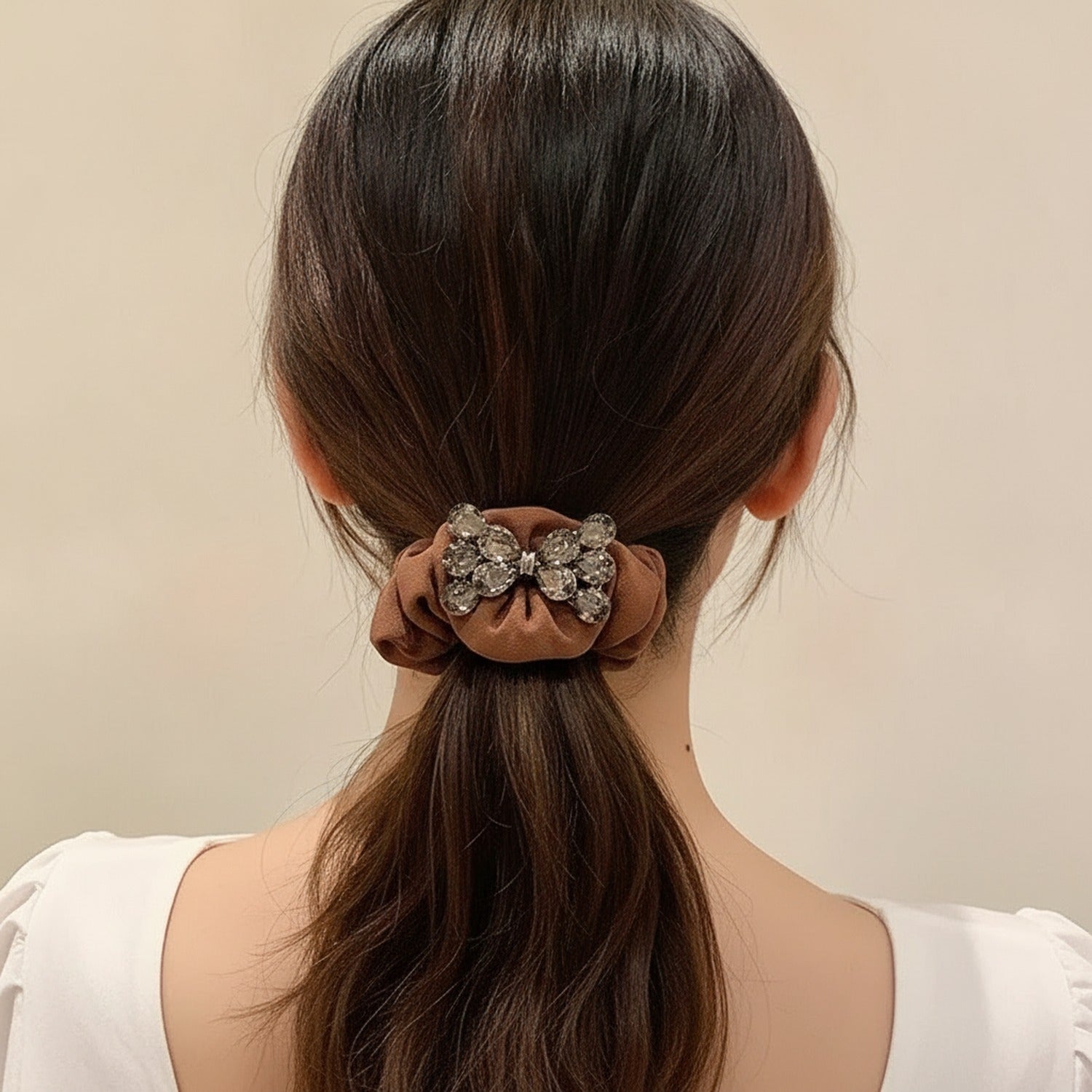 Burgundy Rhinestone Bow Scrunchie Hair Tie