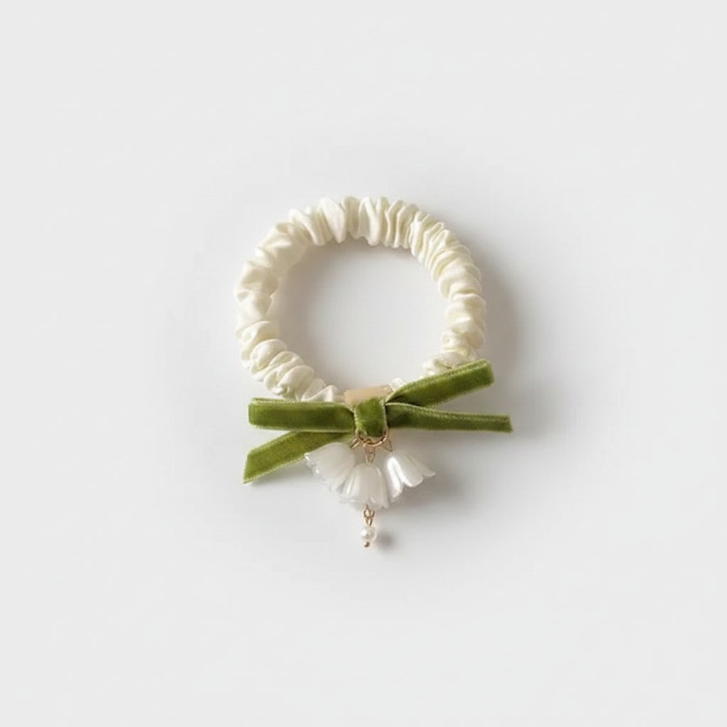 Cream Velvet Scrunchie With Green Bow And Pearl Charm