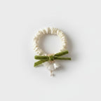 Cream Velvet Scrunchie With Green Bow And Pearl Charm