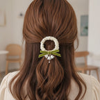 Cream Velvet Scrunchie With Green Bow And Pearl Charm