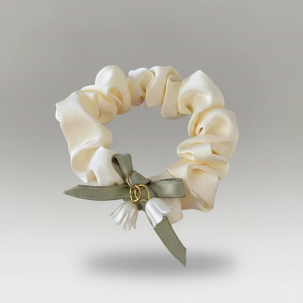 Cream Satin Scrunchie With Sage Ribbon Bow