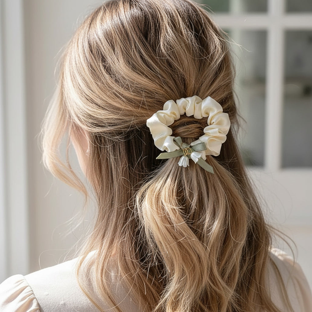 Cream Satin Scrunchie With Sage Ribbon Bow