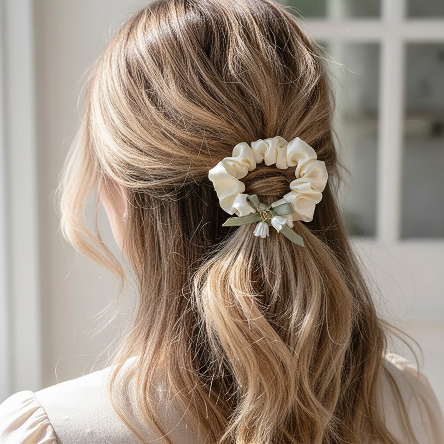 Cream Satin Scrunchie With Sage Ribbon Bow