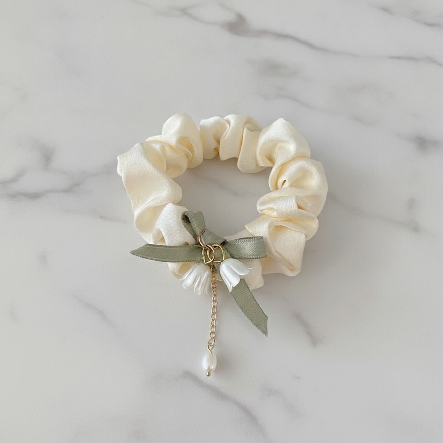 Cream Satin Scrunchie With Sage Ribbon Bow