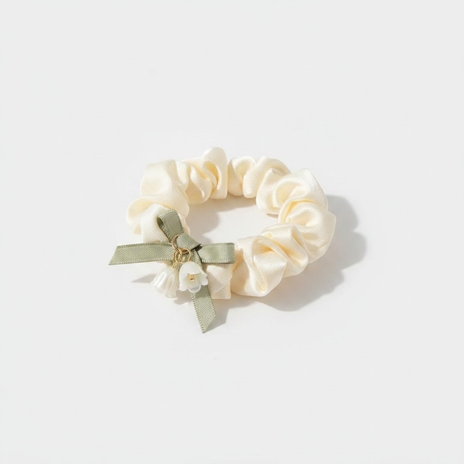 Cream Satin Scrunchie With Sage Ribbon Bow