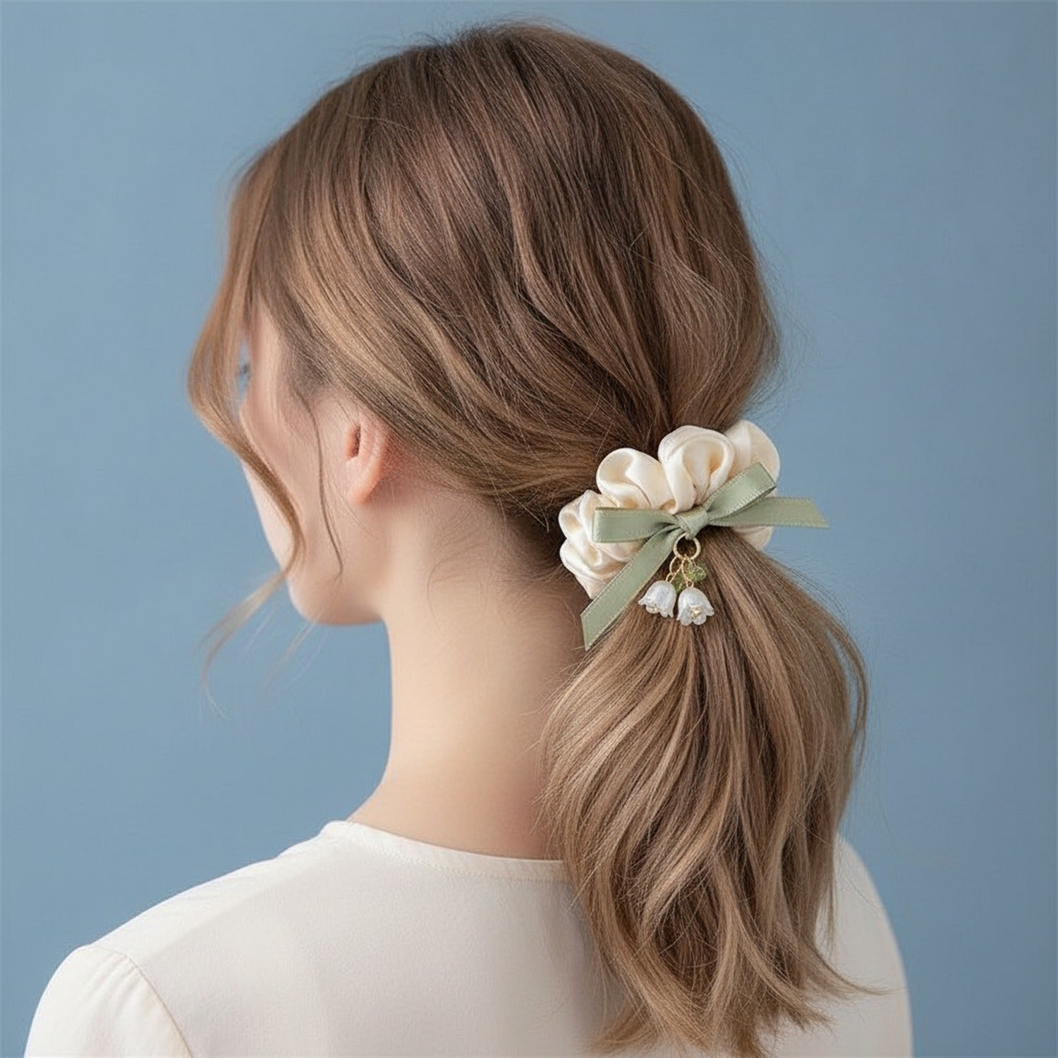 Cream Satin Scrunchie With Sage Ribbon Bow