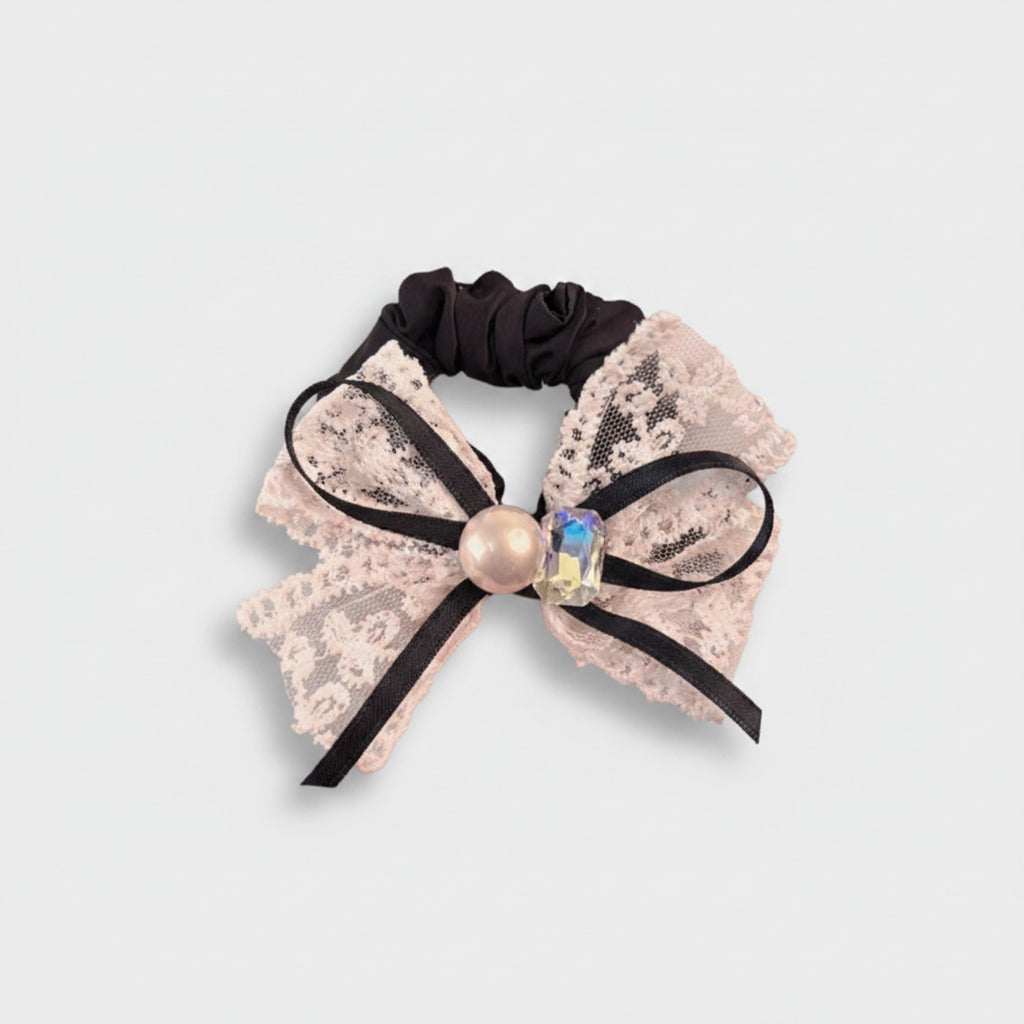 Lace Bow Pearl Hair Scrunchie Black Pink