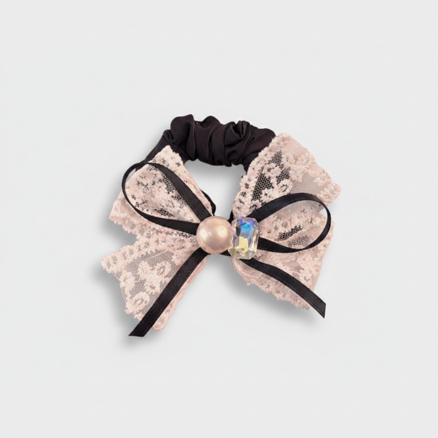Lace Bow Pearl Hair Scrunchie Black Pink