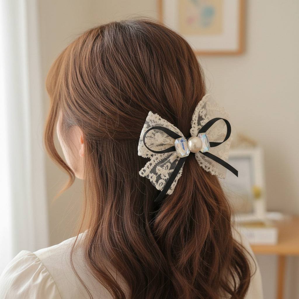 Lace Bow Pearl Hair Scrunchie Black Pink