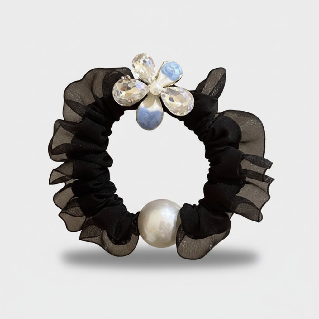 Black Mesh Scrunchie with Pearl Charm and Crystal Flower