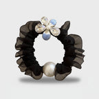 Black Mesh Scrunchie with Pearl Charm and Crystal Flower