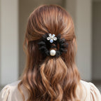 Black Mesh Scrunchie with Pearl Charm and Crystal Flower
