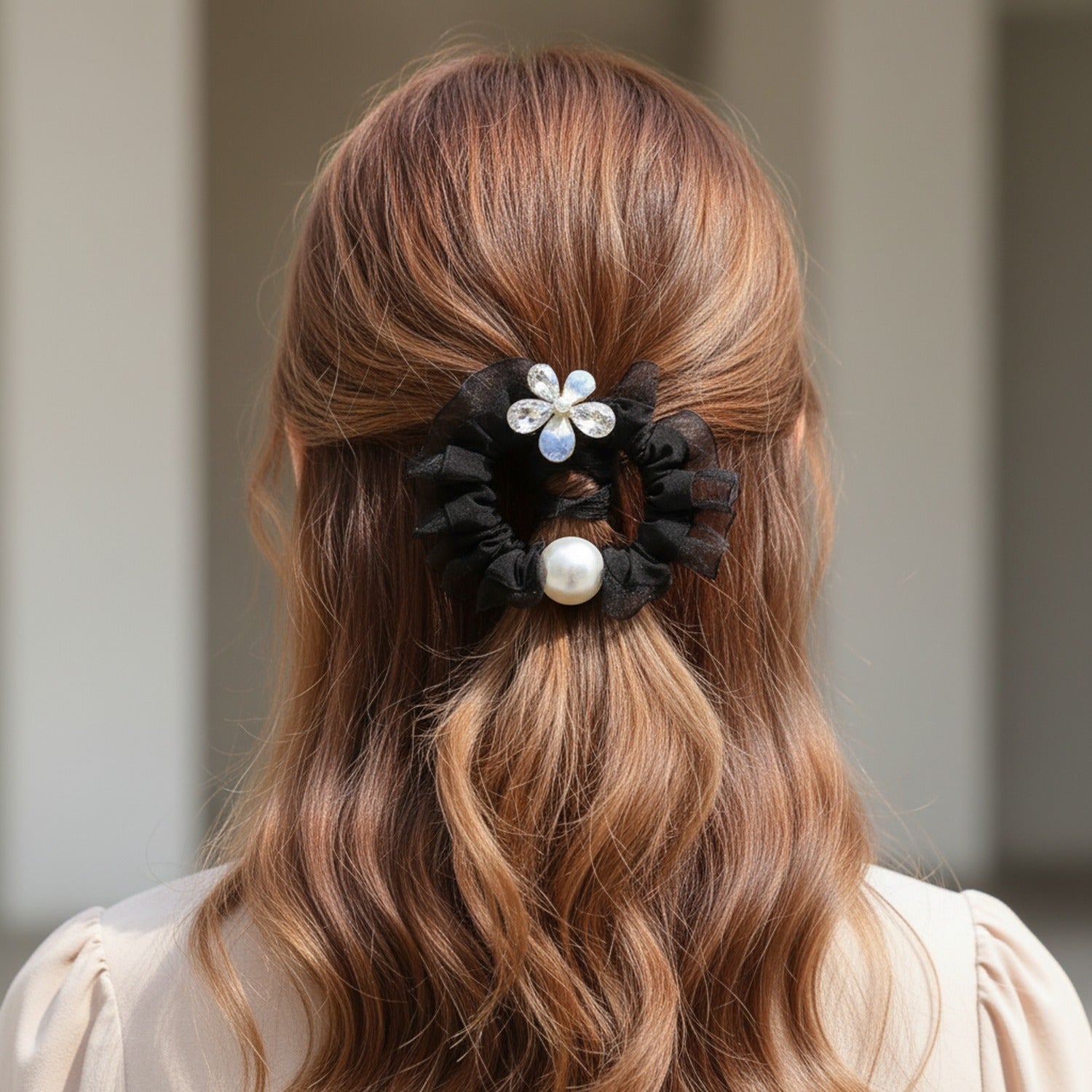Black Mesh Scrunchie with Pearl Charm and Crystal Flower