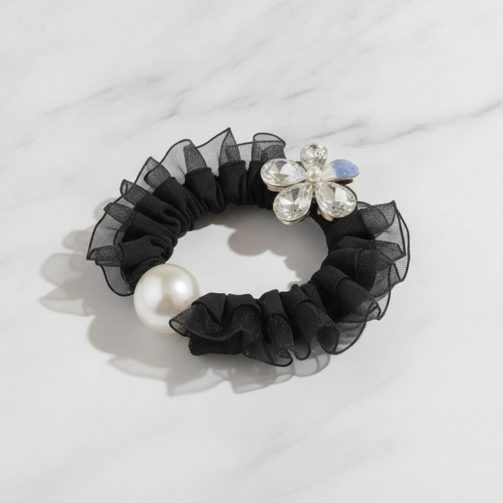 Black Mesh Scrunchie with Pearl Charm and Crystal Flower