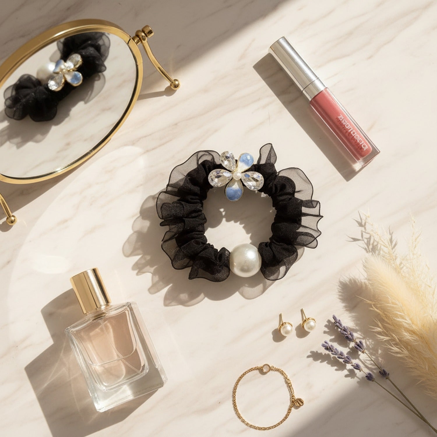 Black Mesh Scrunchie with Pearl Charm and Crystal Flower – hair accessories (view 2)