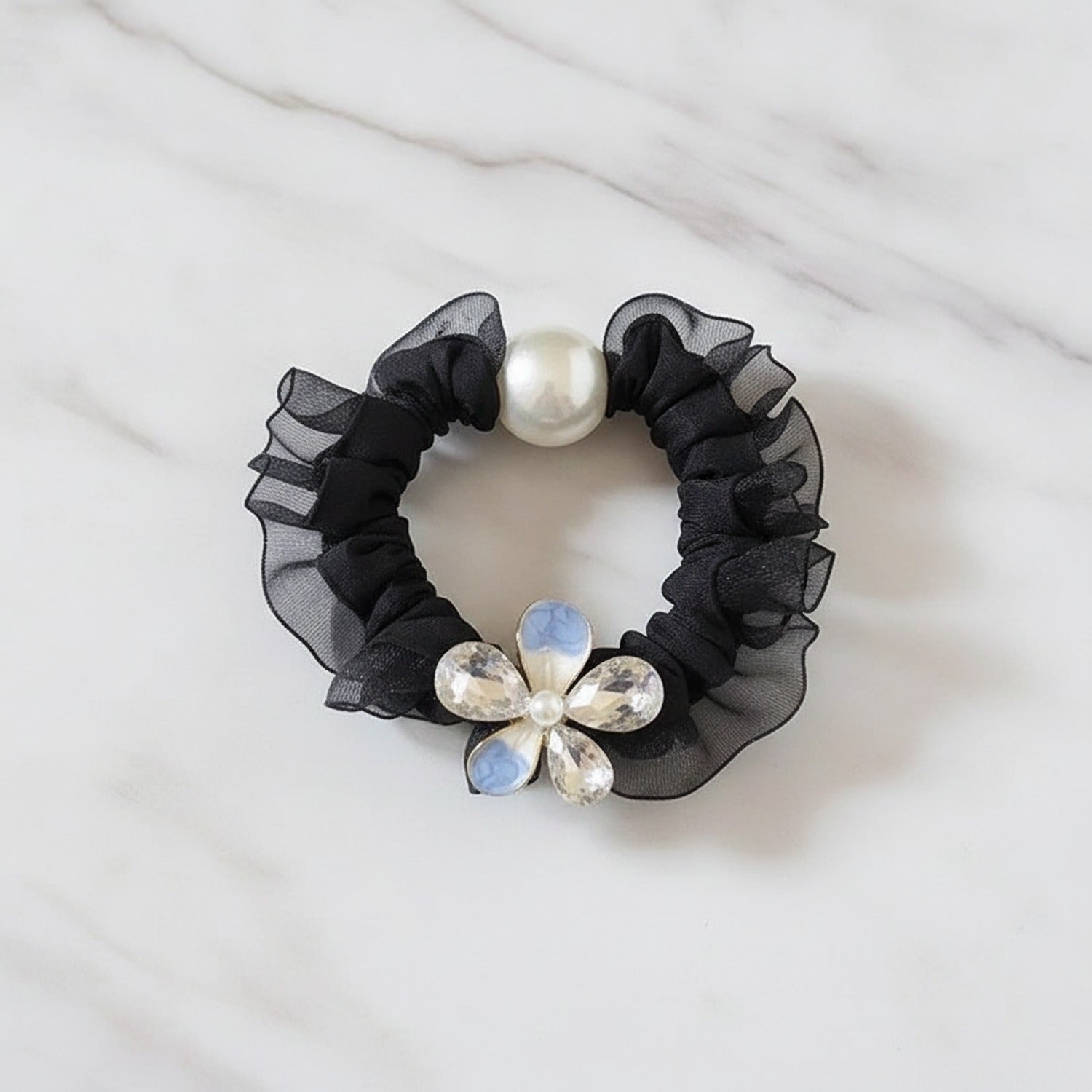 Black Mesh Scrunchie with Pearl Charm and Crystal Flower