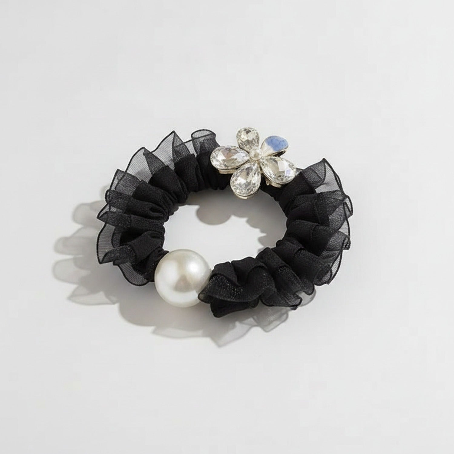 Black Mesh Scrunchie with Pearl Charm and Crystal Flower