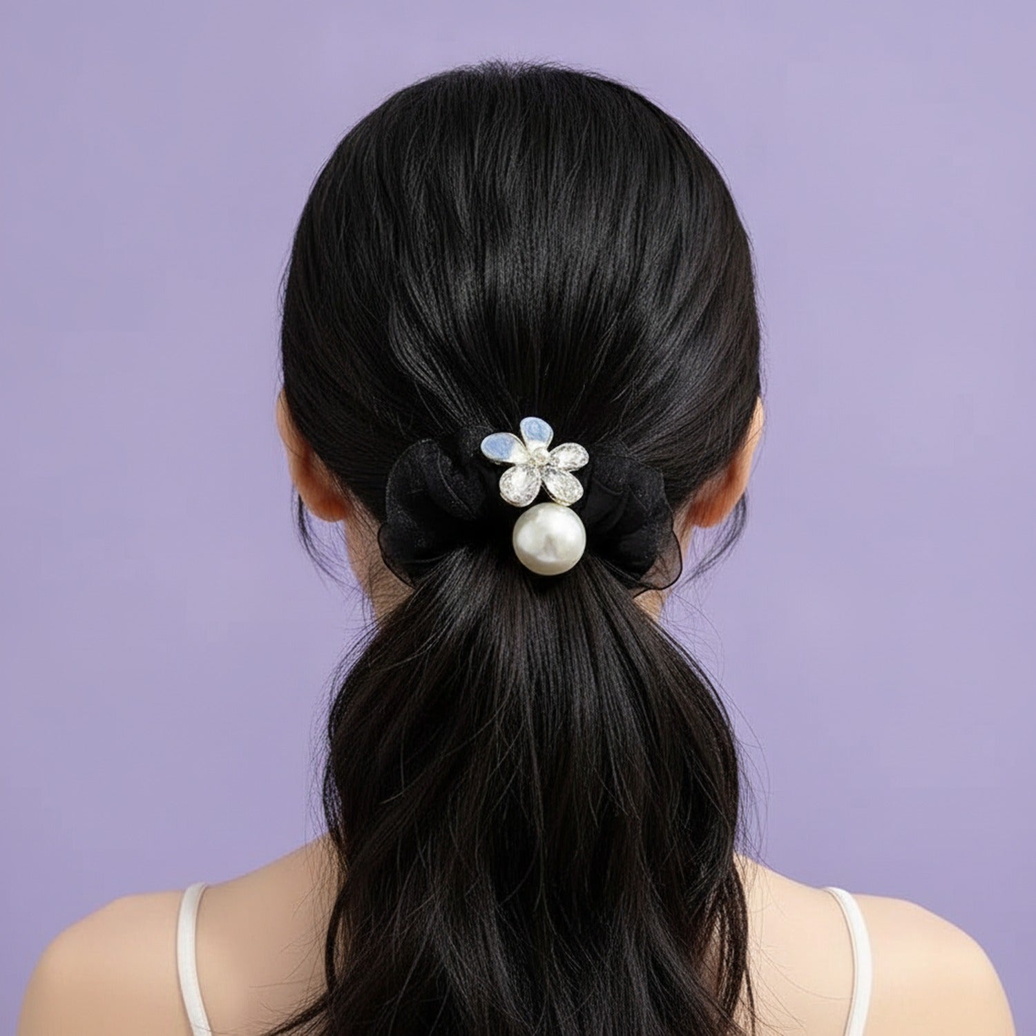 Black Mesh Scrunchie with Pearl Charm and Crystal Flower