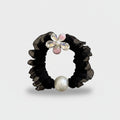 Black Ruched Scrunchie With Pearl Flower Charm