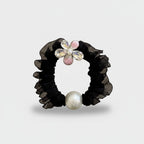 Black Ruched Scrunchie With Pearl Flower Charm