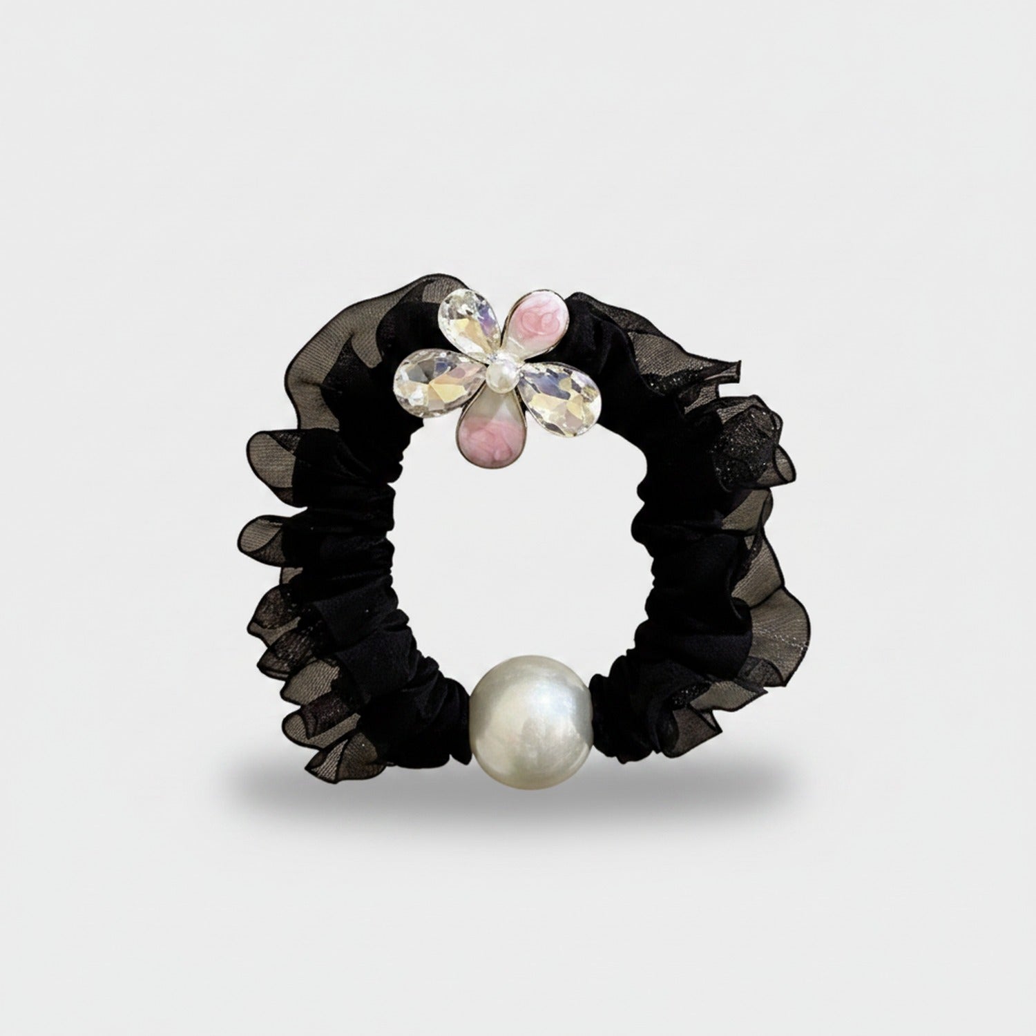 Black Ruched Scrunchie With Pearl Flower Charm