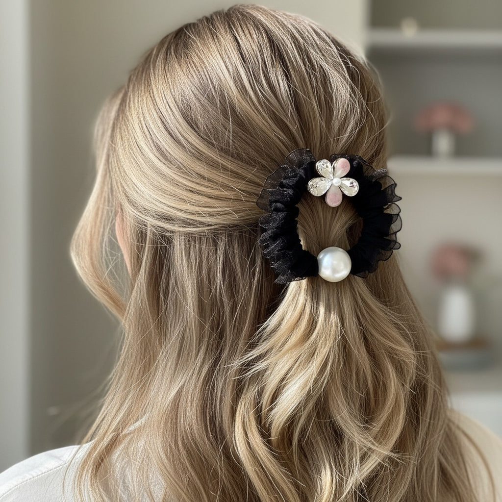 Black Ruched Scrunchie With Pearl Flower Charm