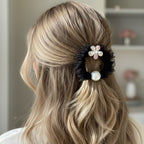 Black Ruched Scrunchie With Pearl Flower Charm