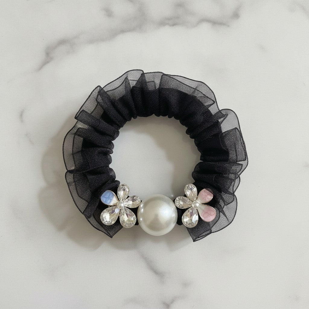Black Ruched Scrunchie With Pearl Flower Charm