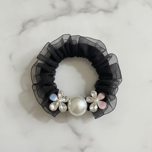 Black Ruched Scrunchie With Pearl Flower Charm