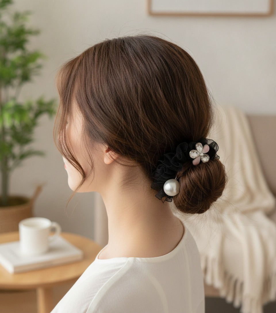 Black Ruched Scrunchie With Pearl Flower Charm – hair accessories (view 2)