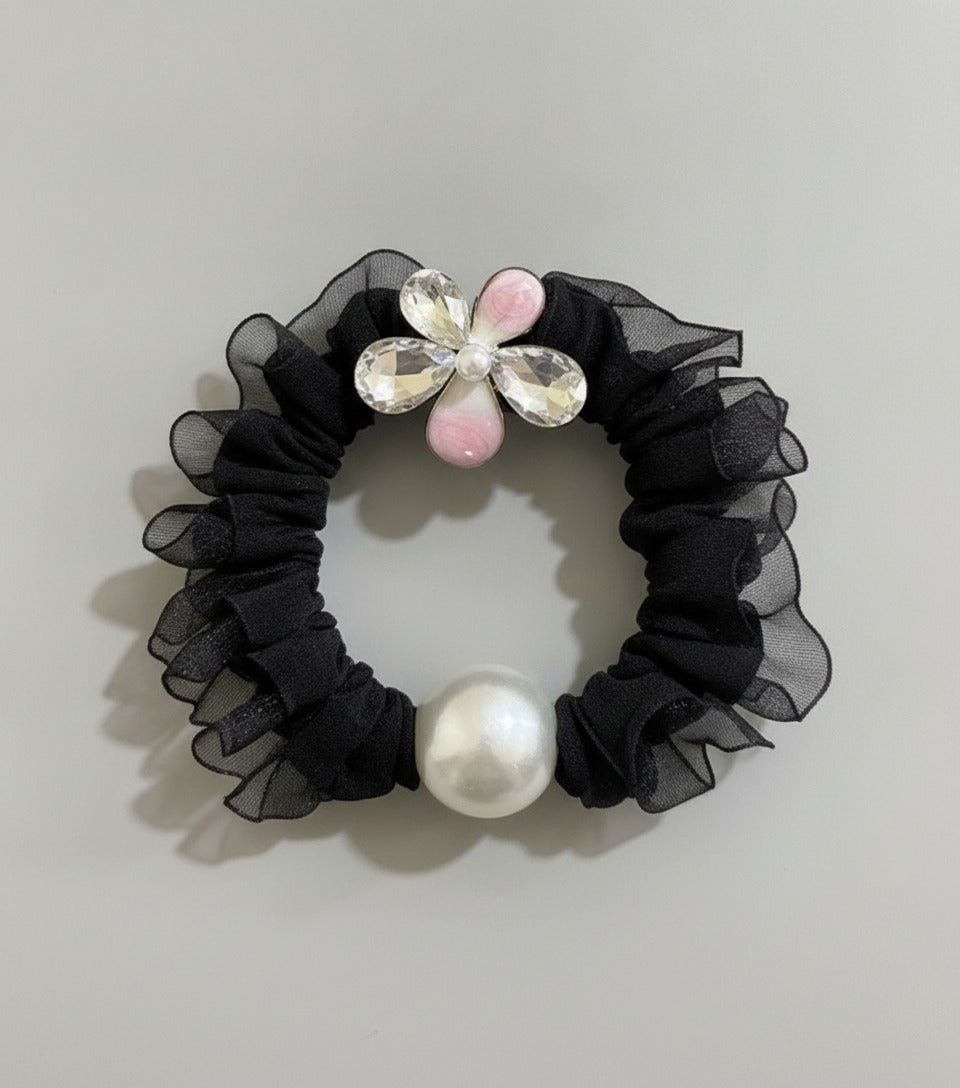 Black Ruched Scrunchie With Pearl Flower Charm – hair accessories (view 1)