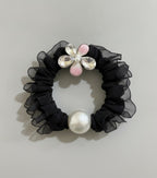 Black Ruched Scrunchie With Pearl Flower Charm – hair accessories (view 1)